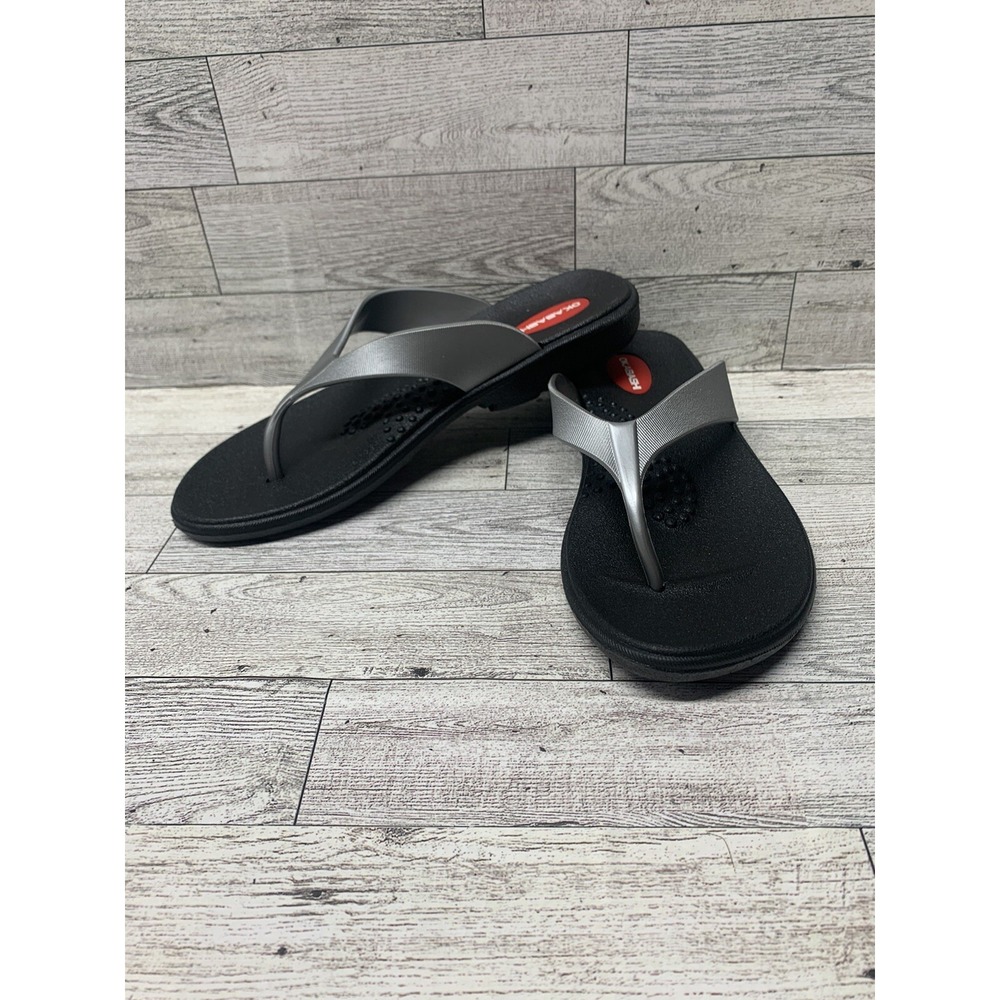 Okabashi Womens Sz S (6-7) "Marina" Black/Silver‎ Flip Flops Thongs Sandals